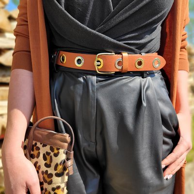 Damesriem met slangenprint maat 85 - Blauwe trendy riem echt leer - slangenprint de